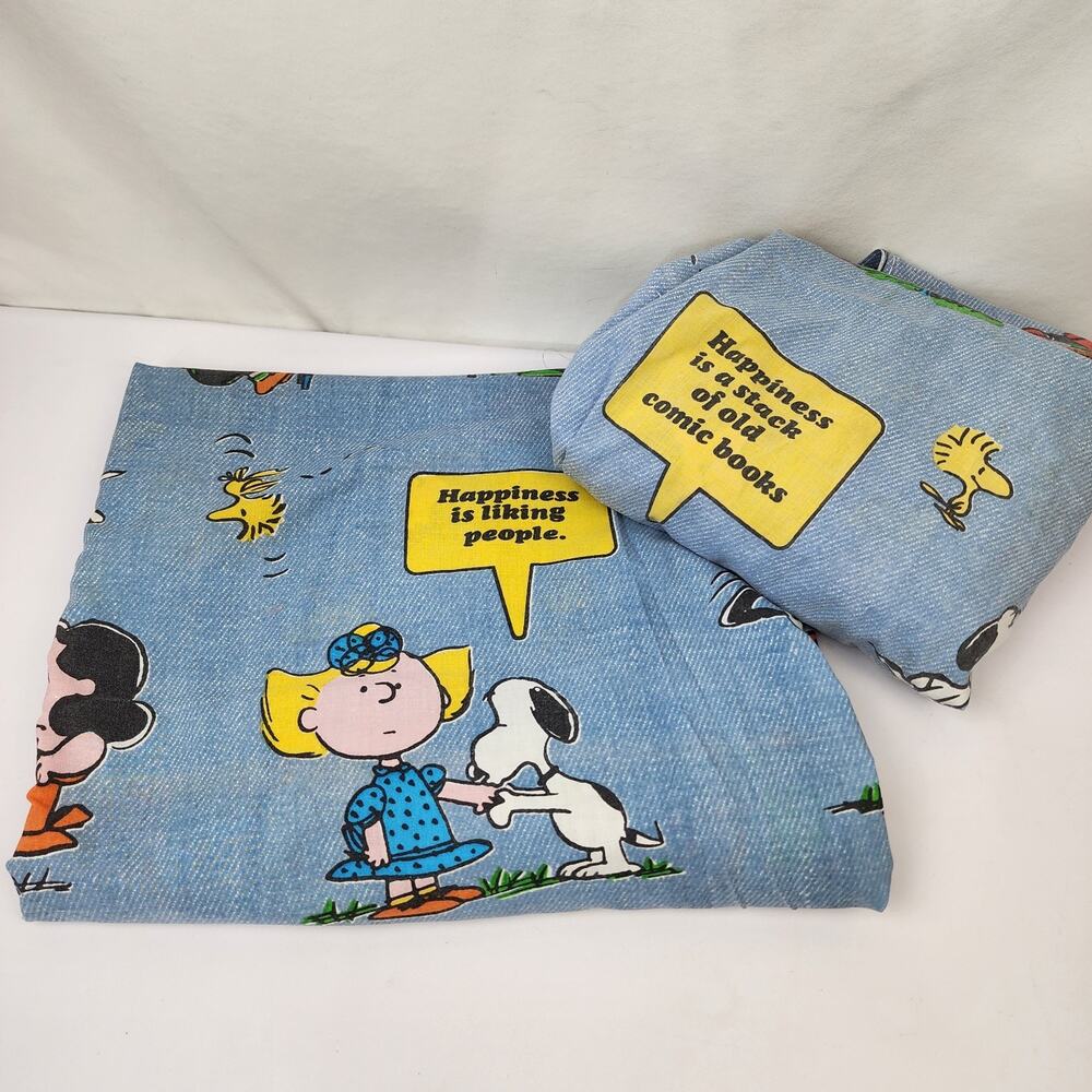Vintage Peanuts Blue "Happiness Is" Cotton Twin Sheet Set 2 pc Flat + Fitted